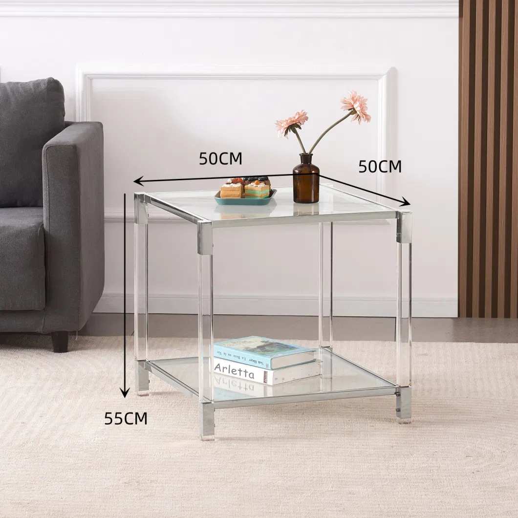 China Wholesale Good Price Clear Acrylic End Table Sets Square Glass Stainless Steel Side Tables